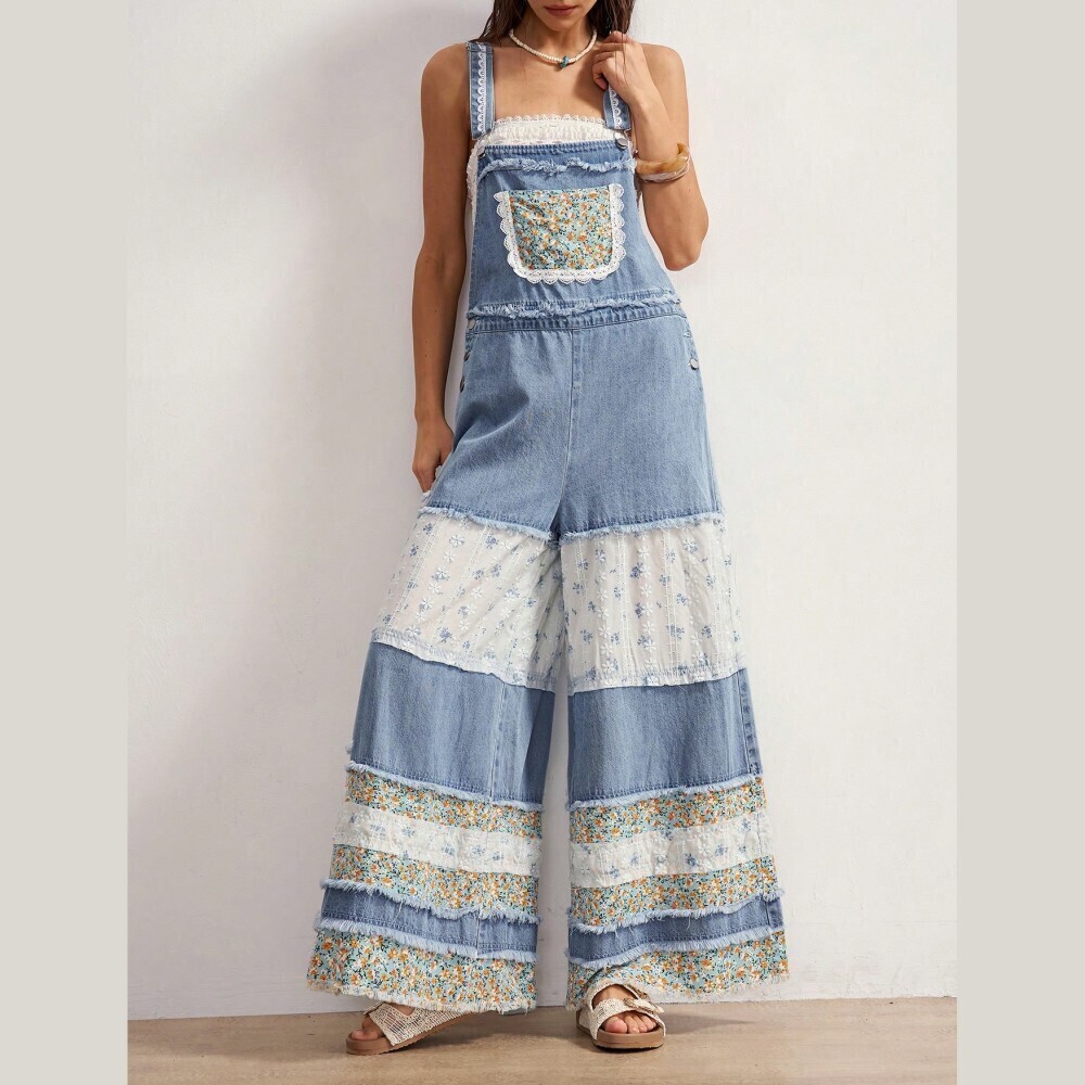 Blue Denim Floral Patchwork Wide-Leg Overalls with Lace Trim